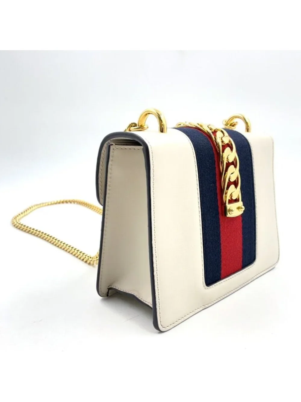 Gucci Sylvie Mini Canvas Calfskin Off White Navy Red Chain Shoulder Bag Gold